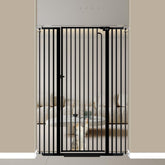 Mornyray 57 tall cat gate closed to block pets from crossing safely