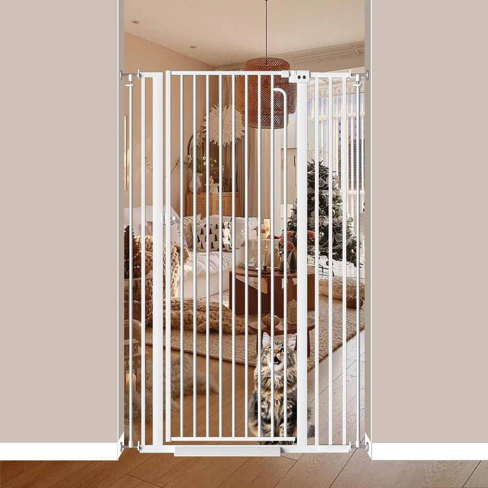 Mornyray 57-inch extra tall cat gate height blocks jumping for dogs and cats.