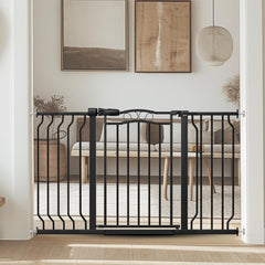 Mornyray baby gate for stairs with extended width fitting many doorways and stairs.