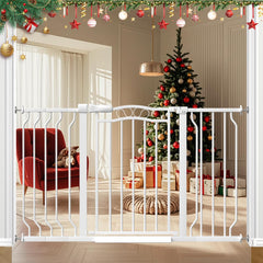 Mornyray extra wide baby gate demonstrates adjustable width from 29.5 to 53.1 inches.