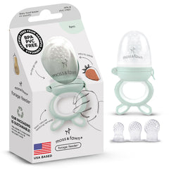 Moss and Fawn forage feeder with frozen-breastmilk popsicle soothing teething.