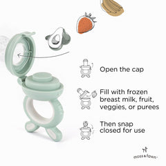 Moss and Fawn forage feeder in-use shows baby practicing self-feeding.