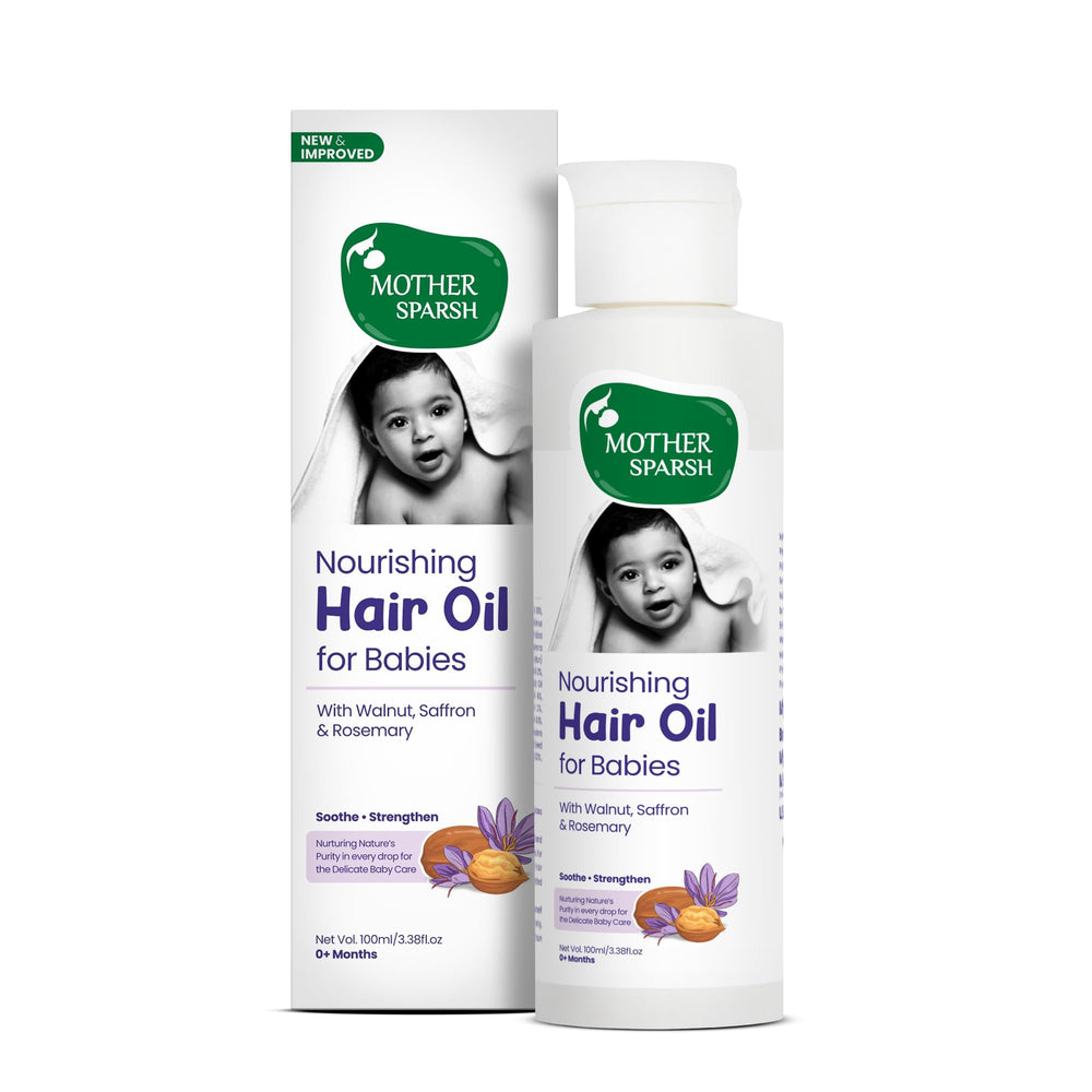 Mother Sparsh Baby Hair Oil Ayurvedic blend nourishes the scalp gently.