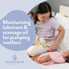 Motherkind Pumping Spray organic oil blend label highlighting gentle lubrication.