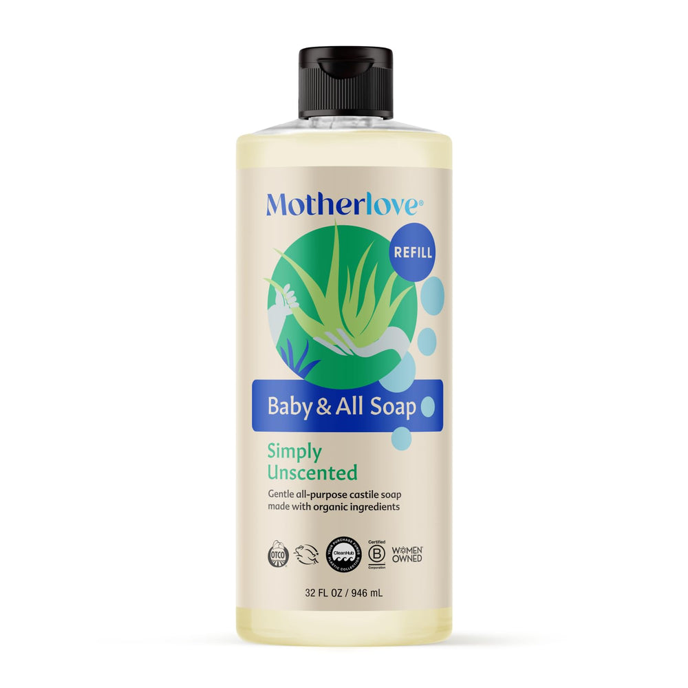 Motherlove Baby & All Soap bottle pour for easy bath-time use.