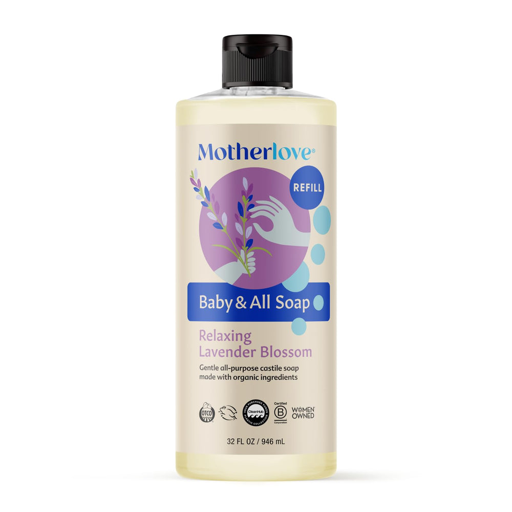Motherlove Baby & All Soap bottle pour showing gentle foam for family cleaning