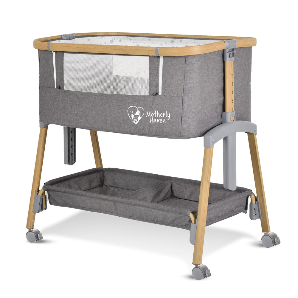 Motherly Haven bassinet beside-sleeper viewed in nursery aids quick night-time feeding access.