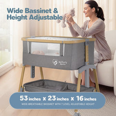 Motherly Haven bassinet height-adjustment lever shows easy bed height alignment.