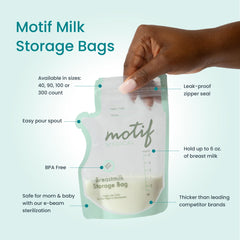 Motif Medical breastmilk bags with write-on label for quick tracking.