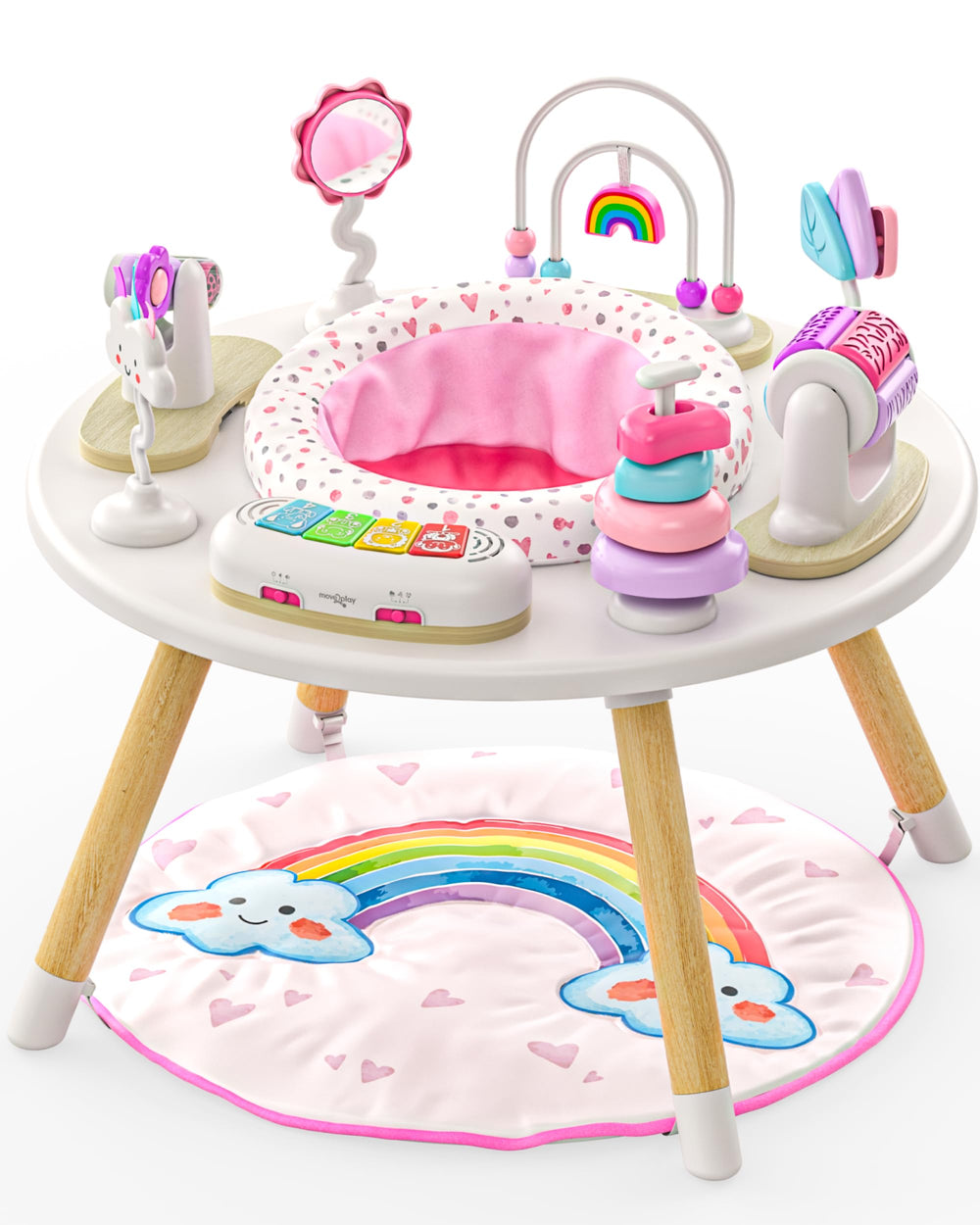 Move2Play Rainbow 4-in-1 center seat supports curious babies during playtime.