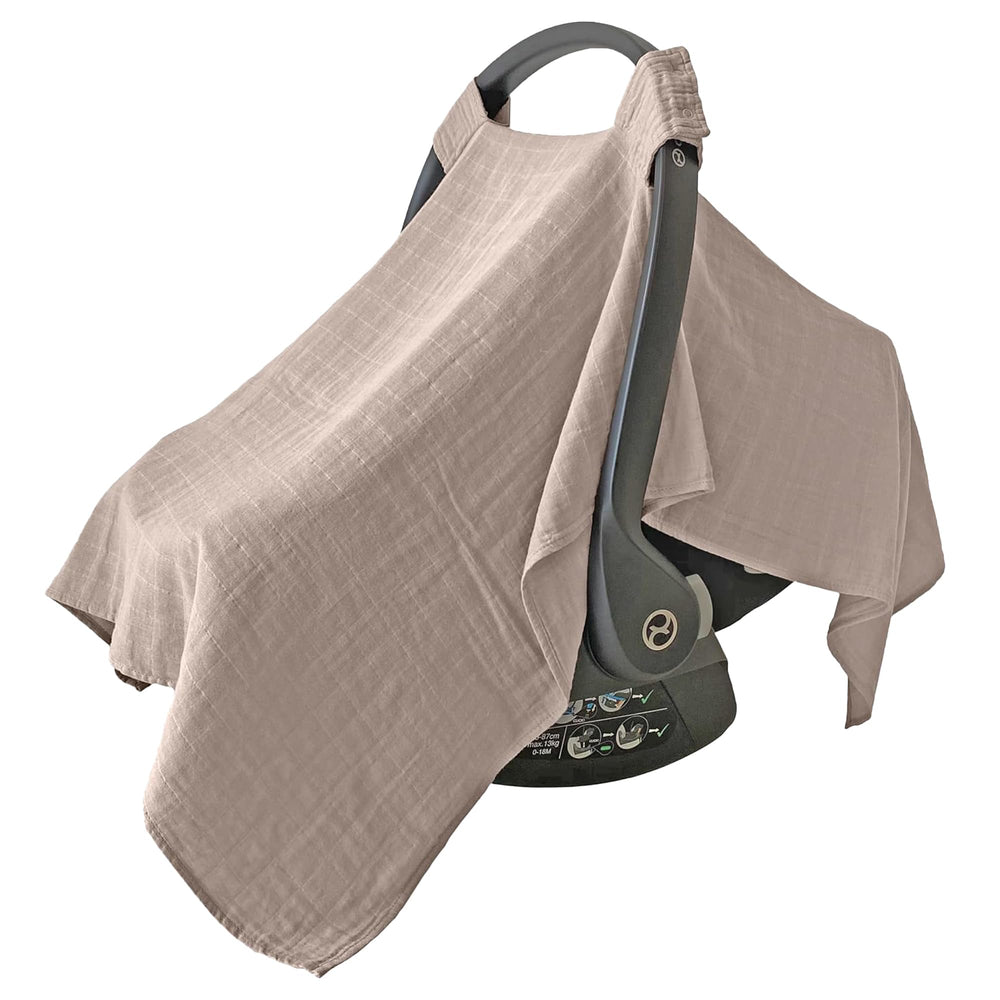 MOZAH baby car seat cover in warm taupe protects and soothes during car rides.