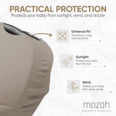 MOZAH stroller cover gives baby shade and mom privacy on outings.