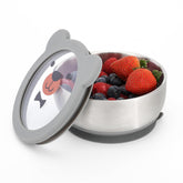 MR. CHOU baby bowl with suction base gripping a tray for mess-free feeding