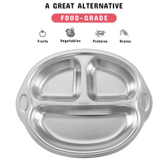 Mrs. Chou stainless steel baby suction plate close-up showing rounded safety edges.