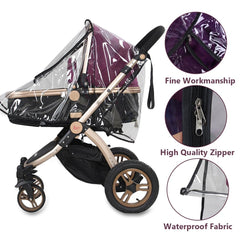 Msiud rain cover showing full-length zipper for quick access to baby.