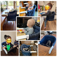 MTWML high chair showing 5 point harness for secure baby seating during meals.