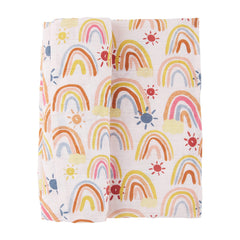 Mud Pie Rainbow Muslin Swaddle Blanket laid flat, highlighting soft, breathable fabric.