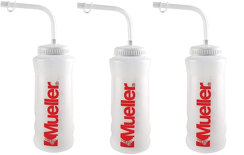 Mueller quart bottle with straw in natural color and red letters for on-the-go hydration
