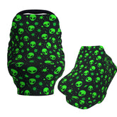 Muishi Green Alien Head car seat cover on a stroller provides privacy for baby.