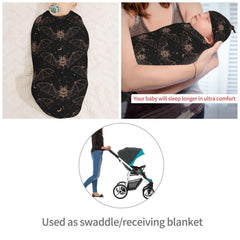 Muishi Night Bat Moon swaddle-oval-wrap demonstrates cocoon-like security for baby
