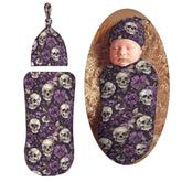 Muishi vintage purple flowers skulls swaddle blanket fabric detail shows soft, skin-friendly polyester.