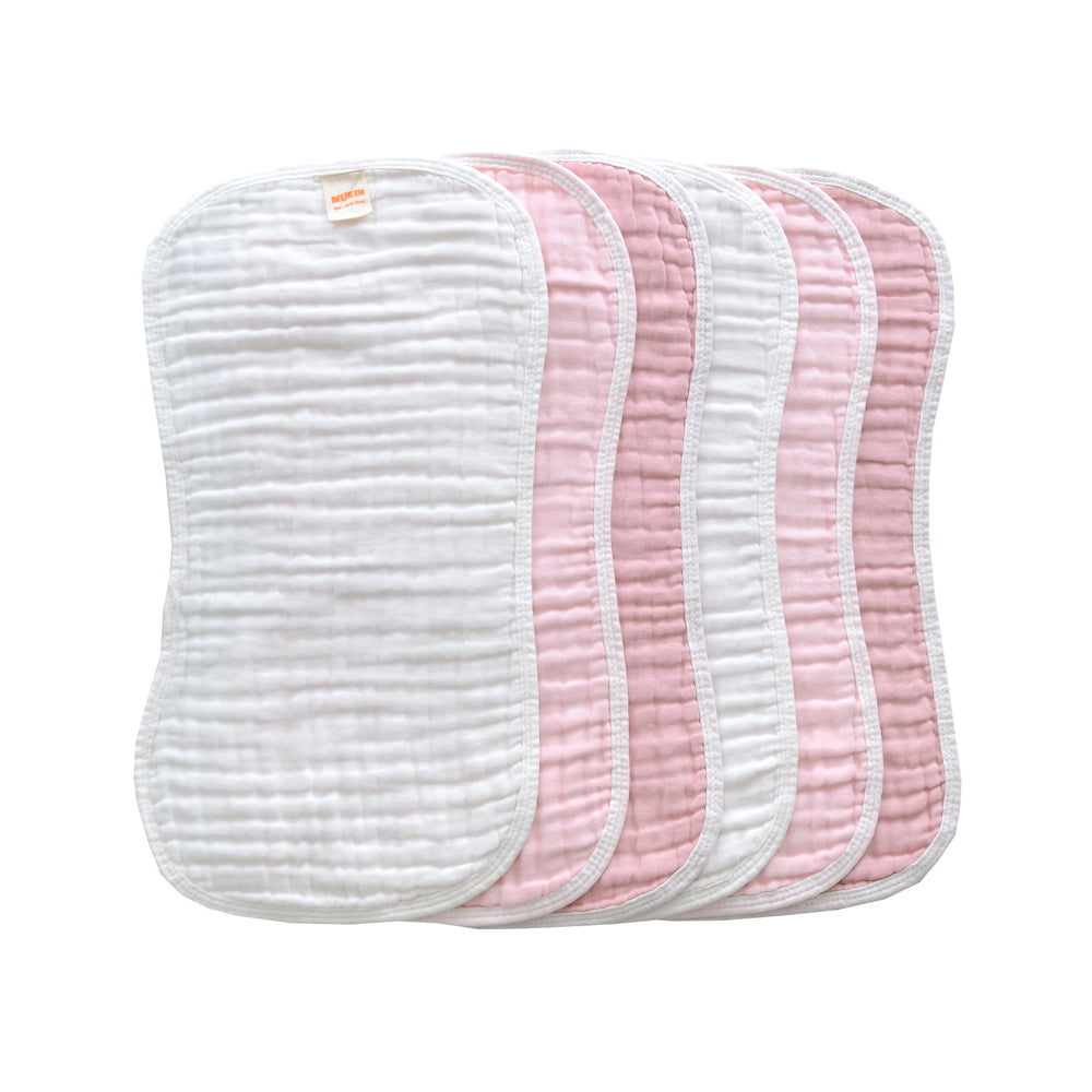 MUKIN baby muslin burp cloths, 6-pack, soft absorbent 6-layer cotton for gentle protection.