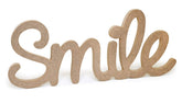 Multicraft Smile wood word decor front view, ideal for customizable wall art.