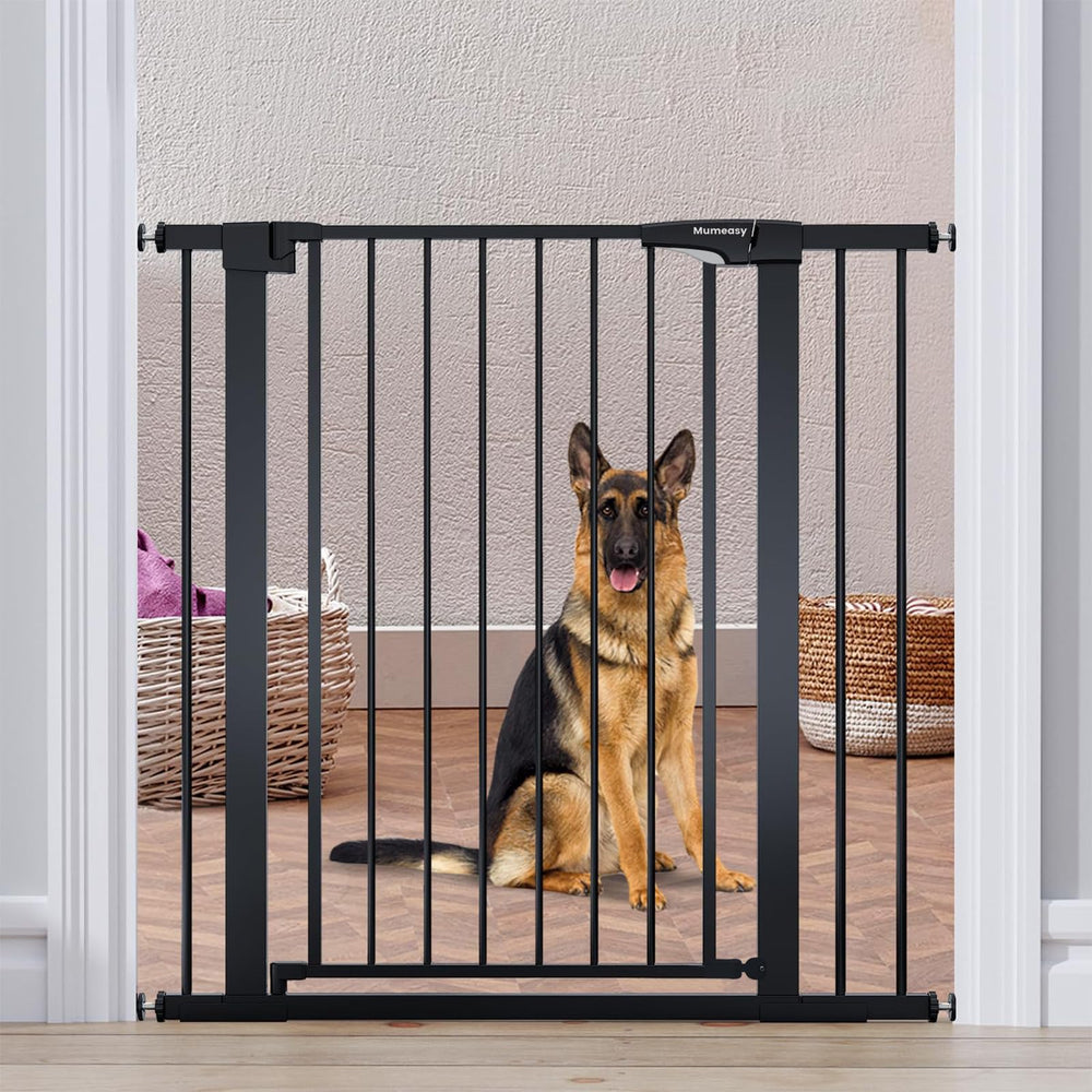 Mumeasy 36in dog gate demonstrates sturdy height for effective pet containment in doorways.