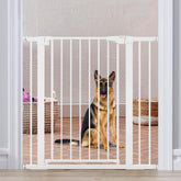 Mumeasy 36-inch extra-tall dog gate at doorway preventing tall pets from jumping