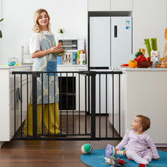 Mumeasy baby gate walk-through door open for easy stroller transfer