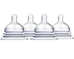 Munchkin LATCH Stage 1 nipples, four-count, slow-flow design to support natural feeding transitions.