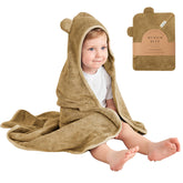 Munich Blue bear-ears hooded towel keeps baby warm after bath.