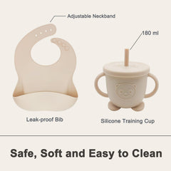 Munlinder training cup with straw and lid promotes independent sipping.