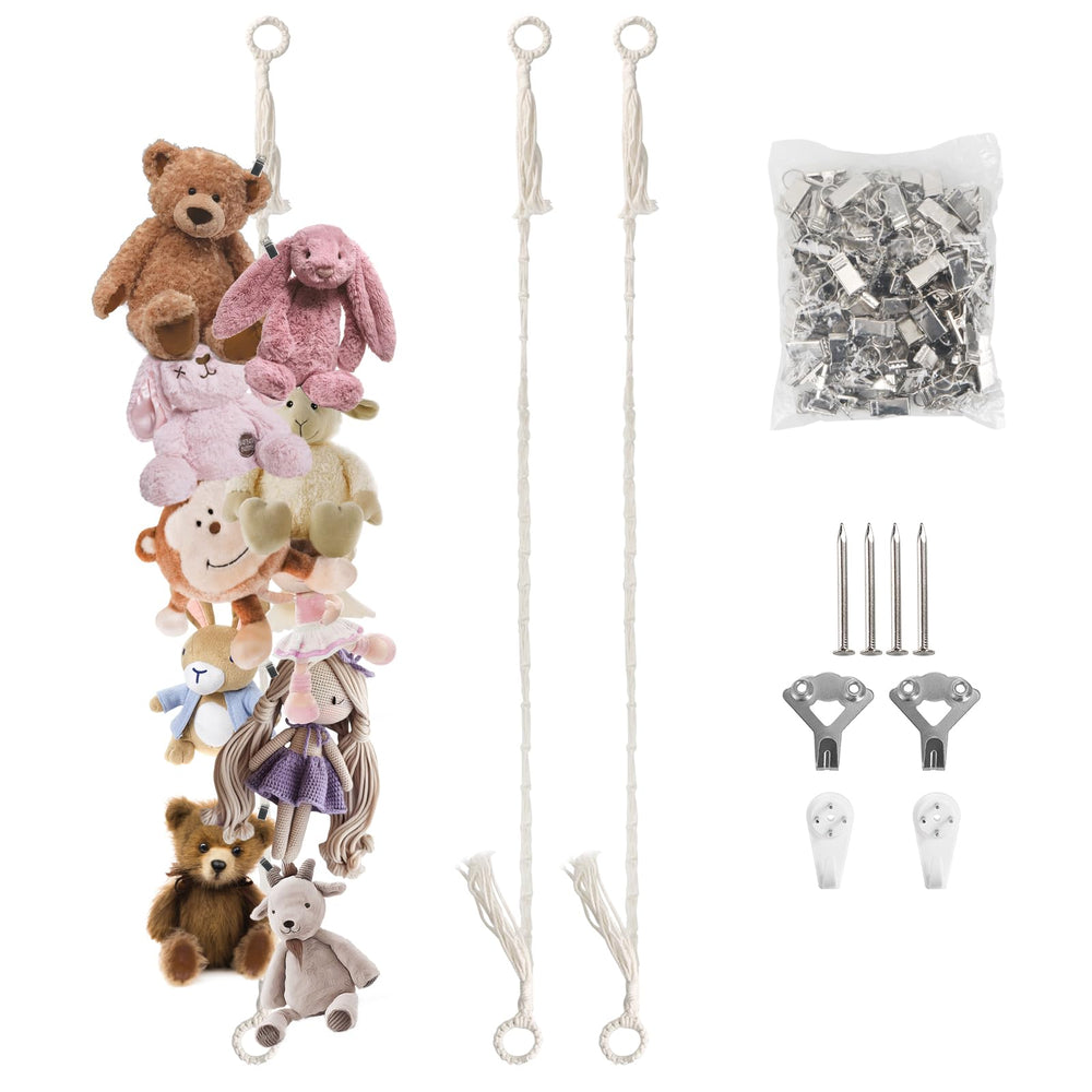 Munzong beige hanging stuffed animal storage 80-inch chain keeps plush toys neatly displayed.