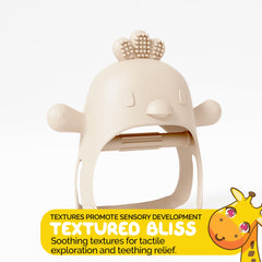 Muqee Peeko wearable teether on the wrist, soothing gums during stroller rides.