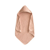 Mushie baby hooded towel in blush showing soft post-bath warmth and absorbent fabric.
