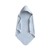 Mushie baby hooded towel in baby blue close-up, soft organic cotton for delicate skin.