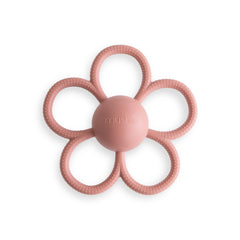 Mushie Daisy Rattle in Dusty Rose close-up showing soft silicone texture for soothing gums.