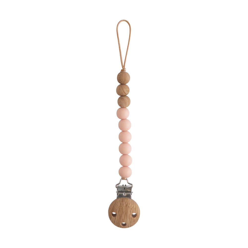 Mushie Eva pacifier clip blush beads keeps pacifier handy on-the-go.