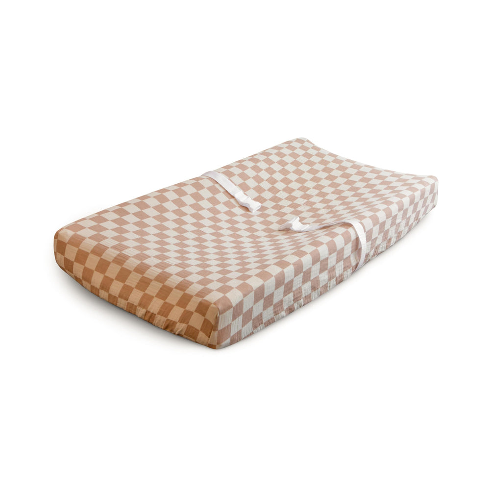 Mushie extra-soft muslin changing pad cover Natural Check front view shows gentle fabric