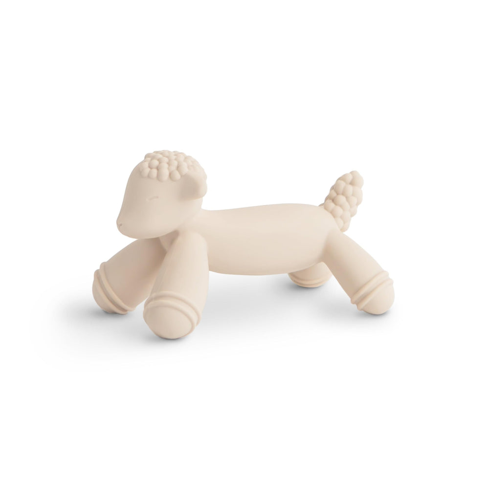 Mushie lamb teether close-up highlights soft silicone for tender gums
