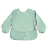 Mushie long sleeve bib in Roman Green with closeup stitching for durable meal protection