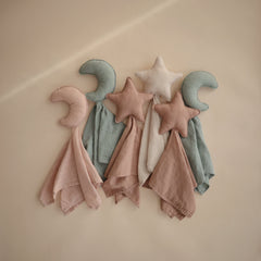 Mushie Moon Security Blanket back view highlights durable muslin material and cozy feel.