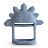 Mushie No-Drop Dino Teether front view helps soothe teething discomfort.