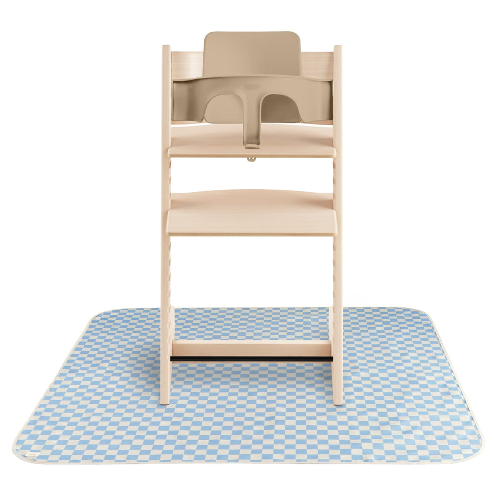 Mushie Splat Mat blue check under high chair keeps mealtime tidy