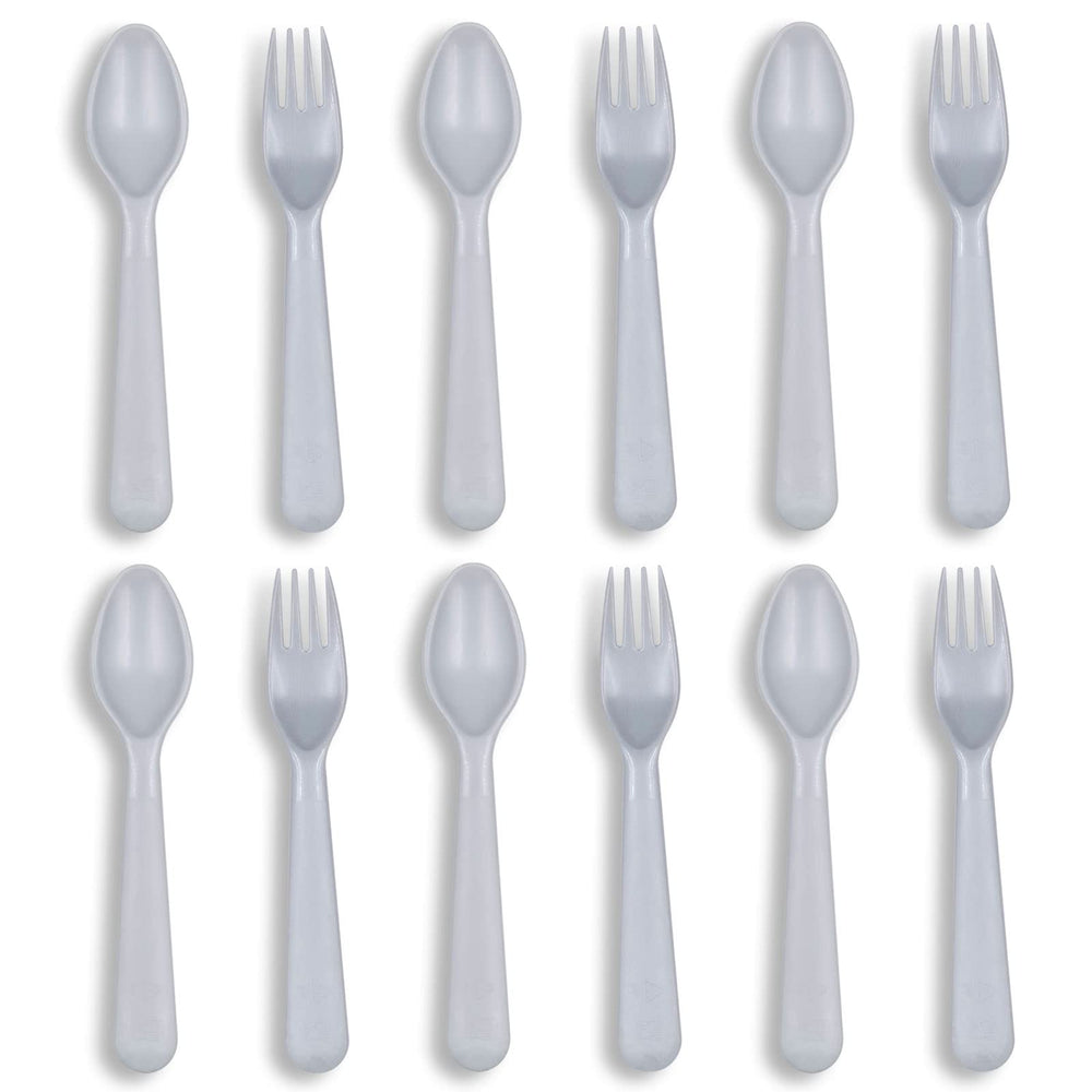 Muulaii 12-piece kids utensils set with spoons and forks for self-feeding.