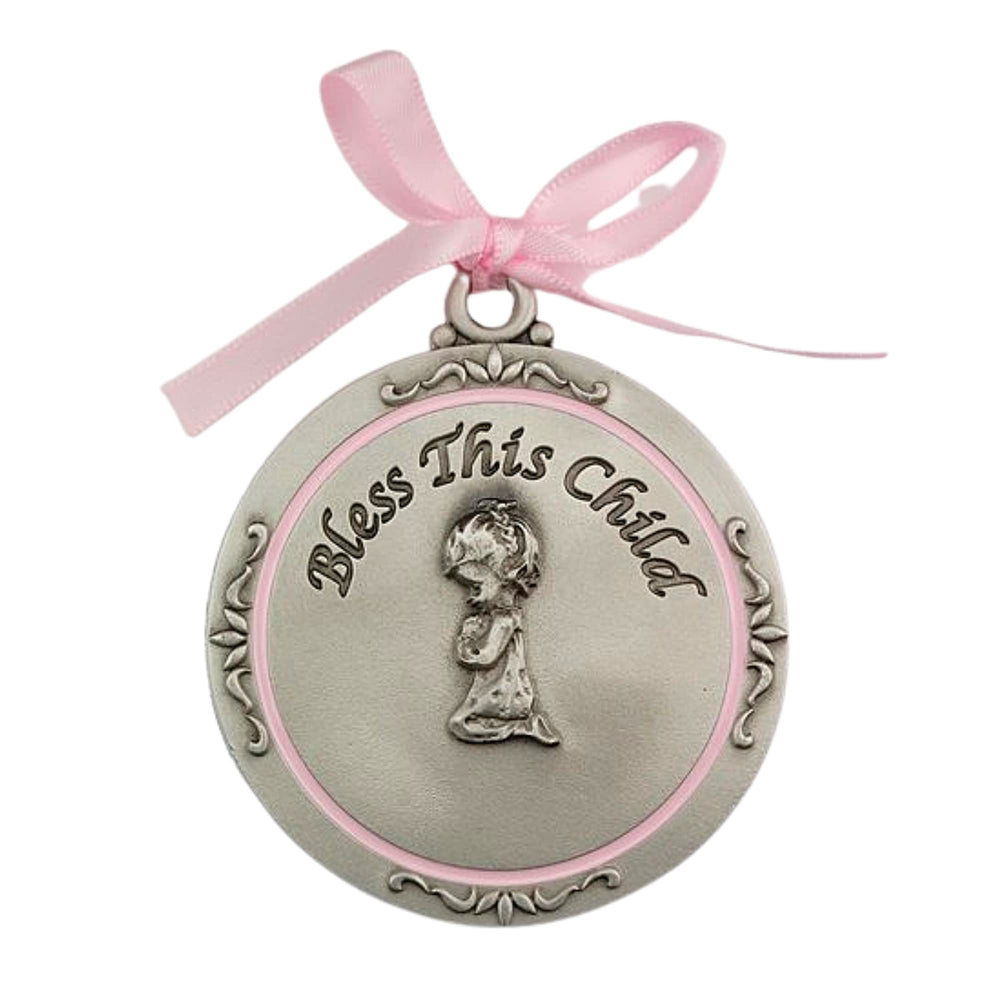 McVan Bless this child crib medal with pink ribbon ideal baby shower keepsake