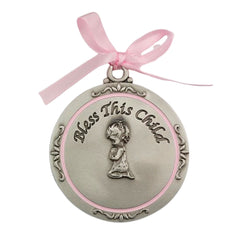 McVan Bless this child crib medal with pink ribbon ideal baby shower keepsake