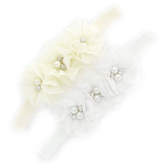 My Lello baby flower headbands trio in ivory for newborn photoshoots.