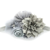 My Lello headband with shabby flower cluster in gray, ideal for vintage photo shoots.